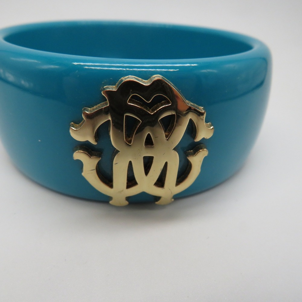 Roberto Cavalli Turquoise Polyresin Bangle Bracelet Gold RC Logo Teal Blue